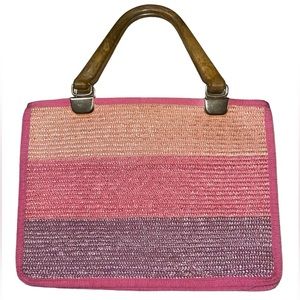 Vintage Delill Woven Raffia Wood Handle Handbag Purse